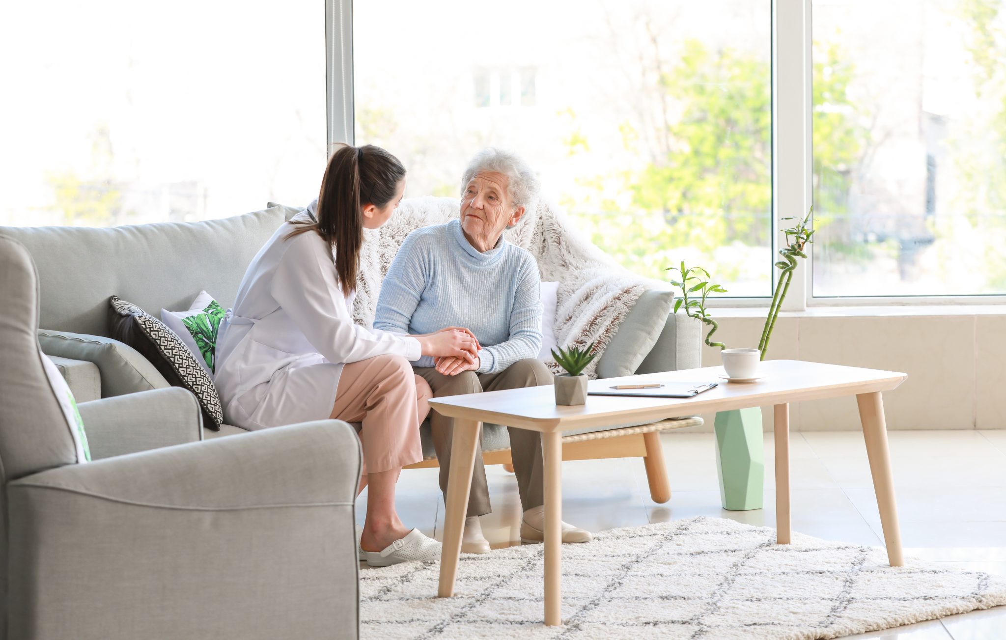 Young caregiver holding hands with elderly woman on couch in bright living room