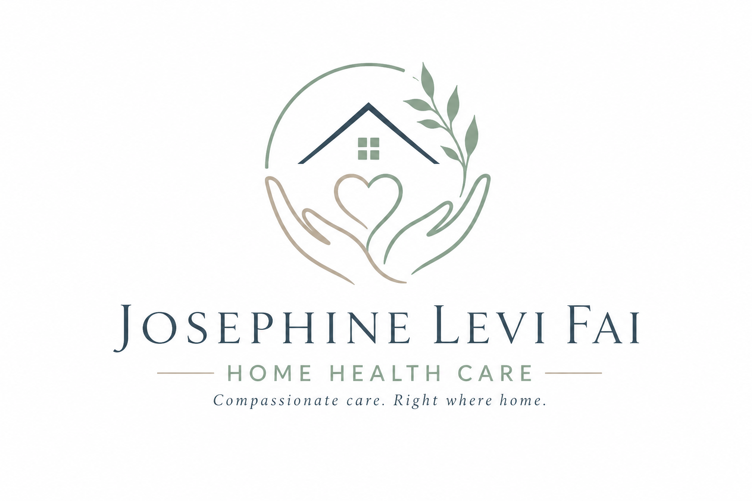 Josephine Levi Fai Home Health Care logo with house, heart, hands and leaves